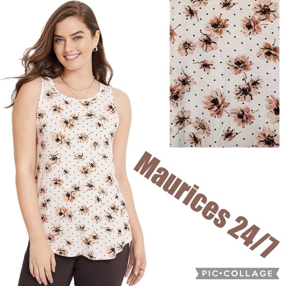 NWT! Maurices 24/7 Mara High Neck Slanted Hem Tank Top In Floral & Dot Print - Picture 1 of 15